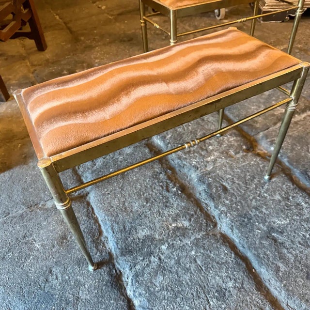 Two 1950s Mid-Century Modern Brass and Brown Velvet Rectangular Italian Stools For Sale - Image 13 of 16