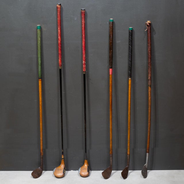 ABOUT An antique "Sunday or walking Bag" golf set that perfectly captures the golden era of golf. The set features a mix...