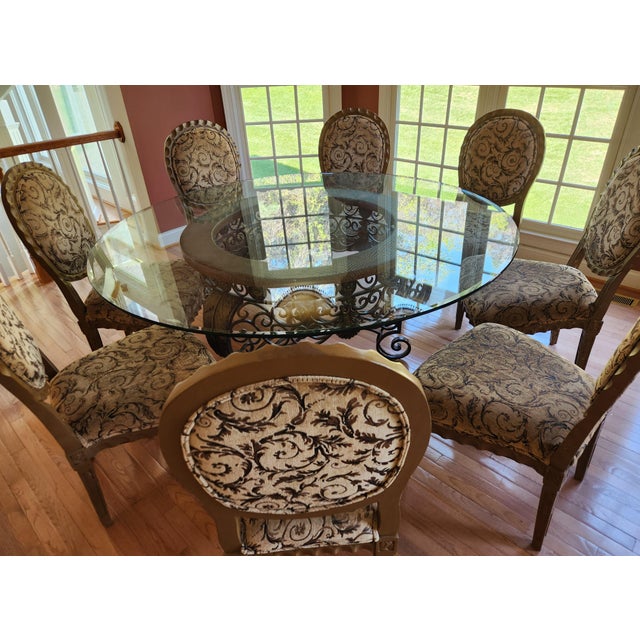 Custom Round Glass Dining Table With Eight Matching Chairs For Sale - Image 10 of 10
