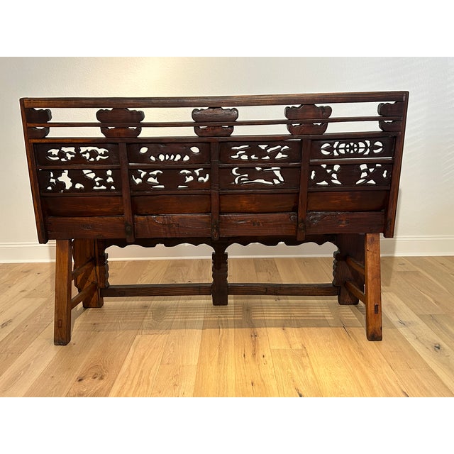 Wood Large Antique 66.125”l Shanxi Carved Wood Bench For Sale - Image 7 of 13