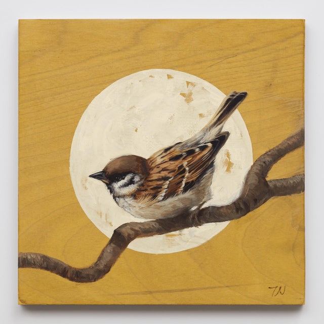 This oil painting on wood features a sparrow perched on a branch against a vibrant yellow background, illuminated by a...