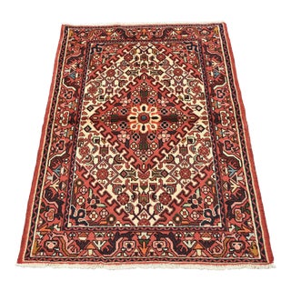 Hamedan Rug 3'5'' X 4'8'' Ivory Wool Vintage Tribal Hand-Knotted Oriental Carpet For Sale