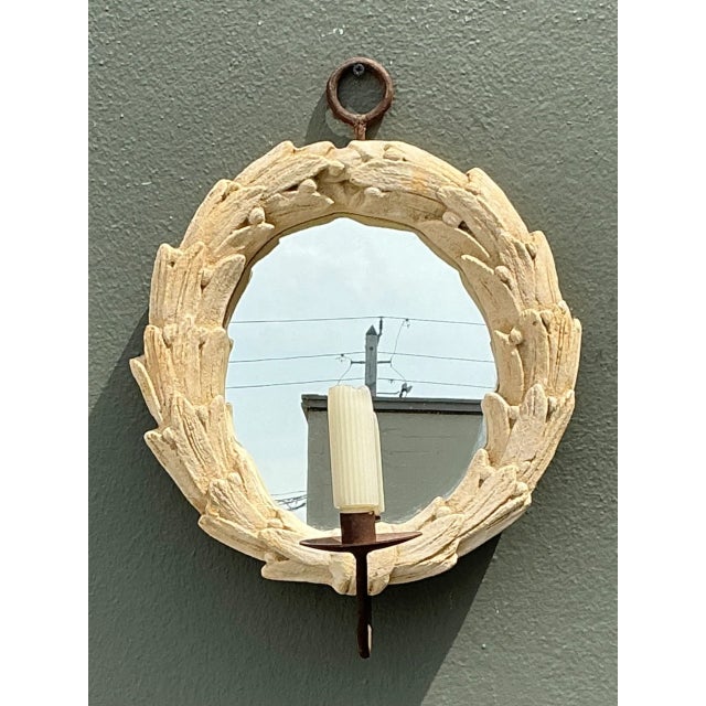 French Country Vintage Laurel Leaf Wall Mirror With Candle Holder For Sale - Image 3 of 12