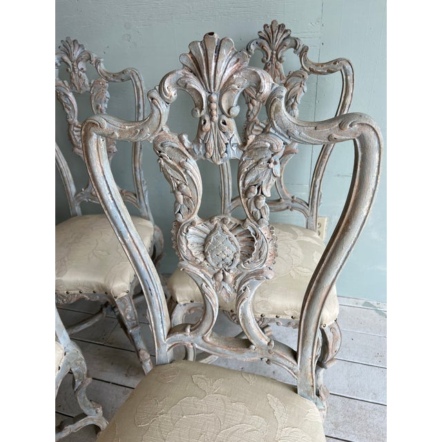 Wood Set of Eight Carved Italian Dining Chairs With Painted Wood Frames and Linen Upholstered Seats - Two Armchairs - Six Sidechairs For Sale - Image 7 of 12
