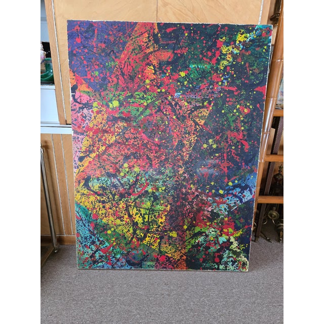 A very rare painting from the small window of time ( 1950s to 1970s ) abstract expressionist. Very stylized oil drips much...