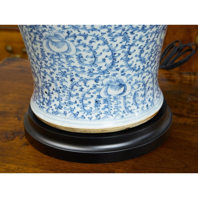 A Chinese blue and white Double Happiness temple jar from the early 20th century, mounted as a table lamp. Created in...