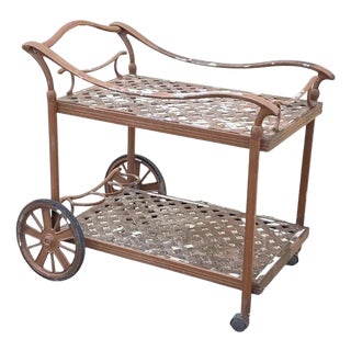 Late 20th Century Cast Aluminum Metal Lattice Garden Patio Serving Bar Tea Cart Side Table For Sale
