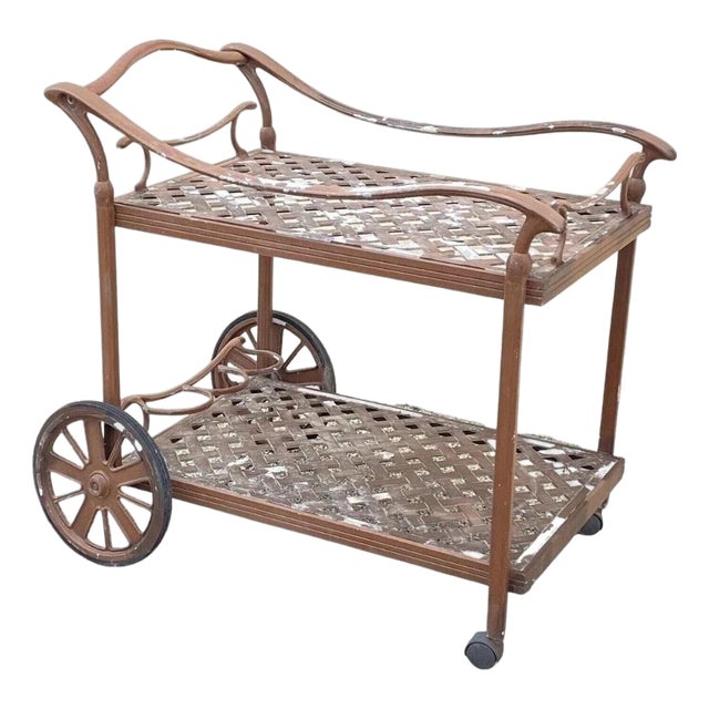 Late 20th Century Cast Aluminum Metal Lattice Garden Patio Serving Bar Tea Cart Side Table For Sale