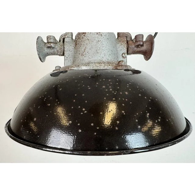 Industrial Black Enamel and Cast Iron Cage Pendant Light from Elektrosvit, 1960s For Sale - Image 4 of 17