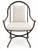 A distinctive metal armchair featuring a sculptural rounded frame with gracefully curved arms and legs. The dark iron...
