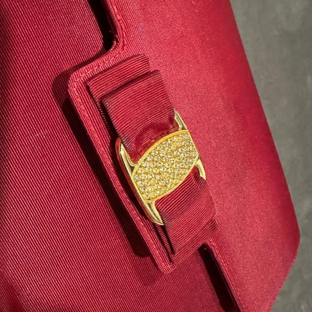 1990s Retro Red Silk Brass and Strass Evening Bag by Salvatore Ferragamo For Sale - Image 9 of 12