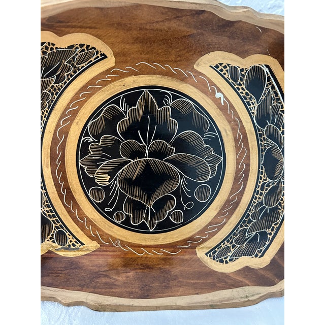Mexican Midcentury Black & Gold Floral Mexican Batea Bowl For Sale - Image 3 of 5