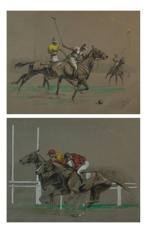 Eugène Pechaubès, Equestrian Sporting Scenes: Deauville Polo and Longchamp Horse Race, 1950s, Lithographs, Set of 2