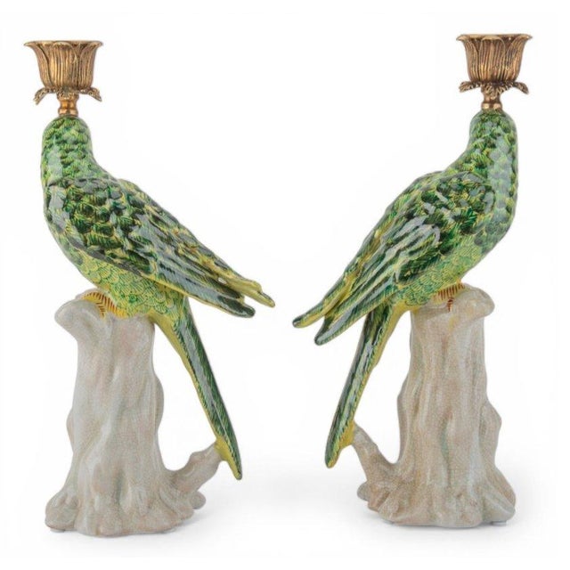 Green Green Porcelain Parrot Candleholder Pair With Bronze Ormolu For Sale - Image 8 of 9