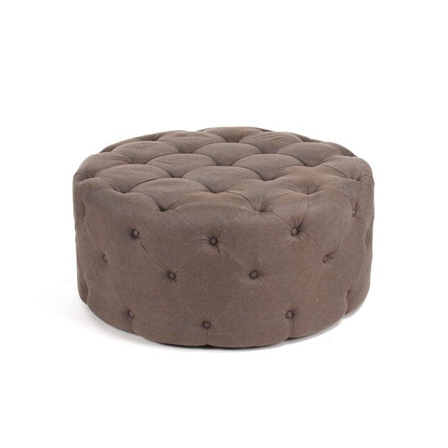 Round Tufted Ottoman - Eggplant Brown Linen For Sale - Image 4 of 4