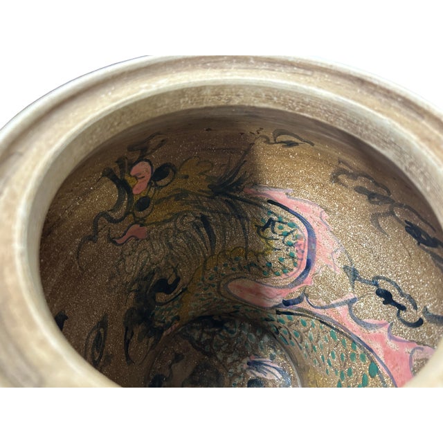 1970s Vintage Historic Treasure Dragon Theme Beige Base Ceramic Pot Vase For Sale - Image 5 of 8