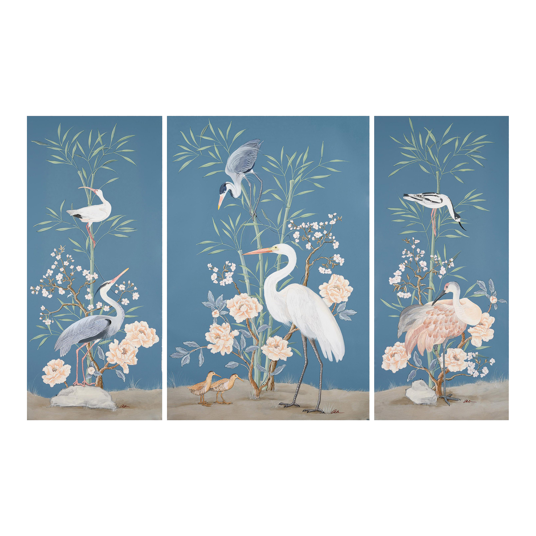 More Than Birds” Chinoiserie Blue Egret Heron Triptych Painting by