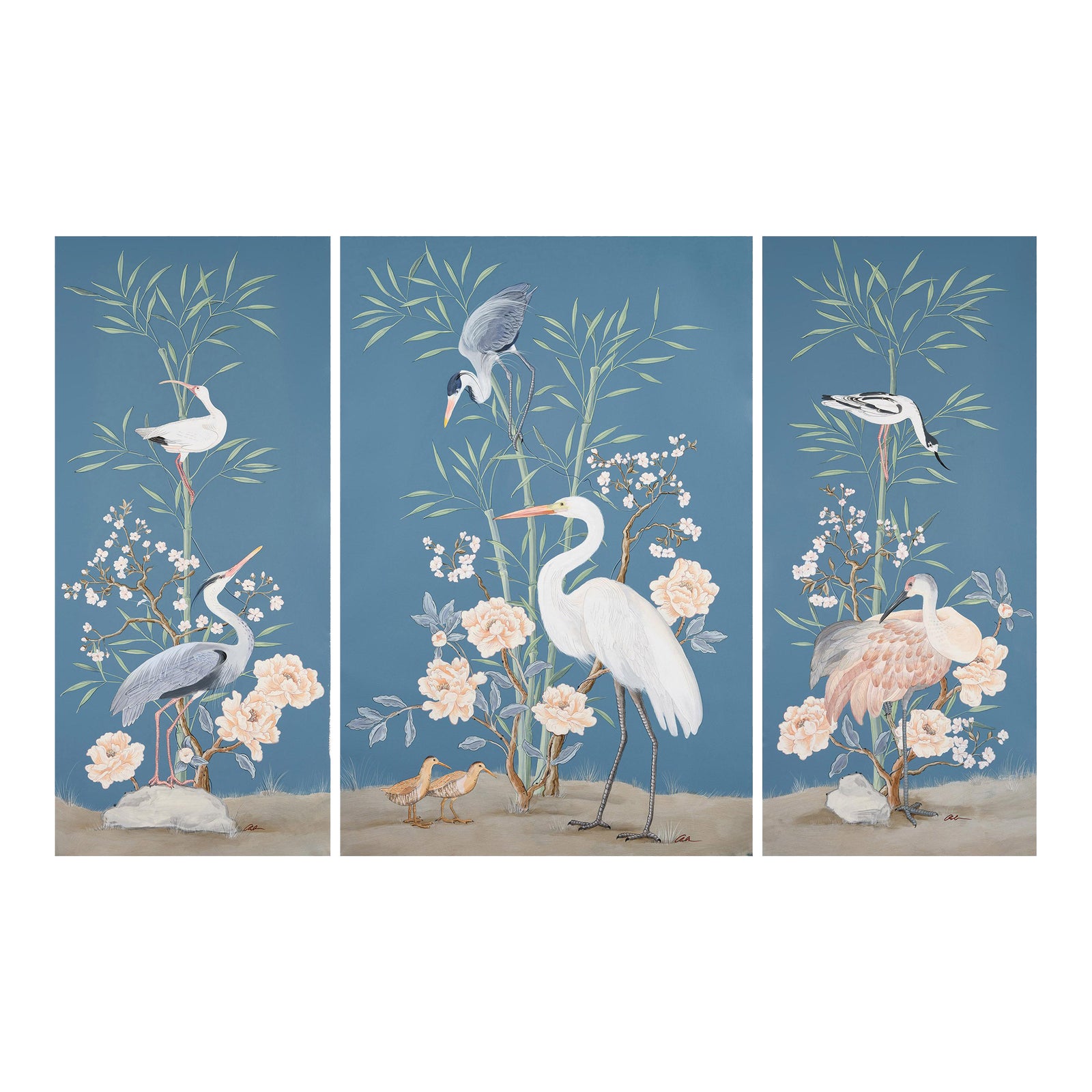 More Than Birds” Chinoiserie Blue Egret Heron Triptych Painting by