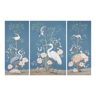 “More Than Birds” Chinoiserie Blue Egret Heron Triptych Painting by Allison Cosmos For Sale
