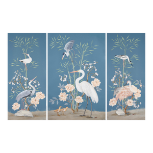 “More Than Birds” Chinoiserie Blue Egret Heron Triptych Painting by Allison Cosmos