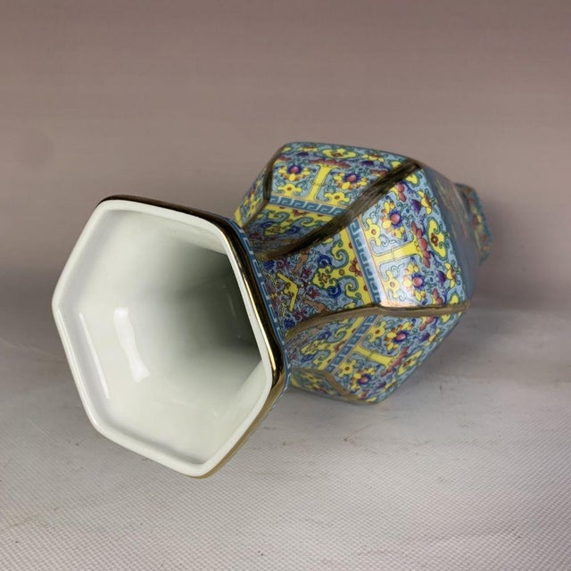 Ceramic Mid 20th Century Striking Turquoise-Ground Famille Rose Hexagonal Porcelain Vase With Bird & Floral Motifs For Sale - Image 7 of 7