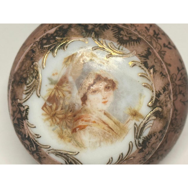 Art Nouveau Wavecrest Nakara Opaline Dresser Box: Antique Portrait, Gold Floral For Sale - Image 3 of 10