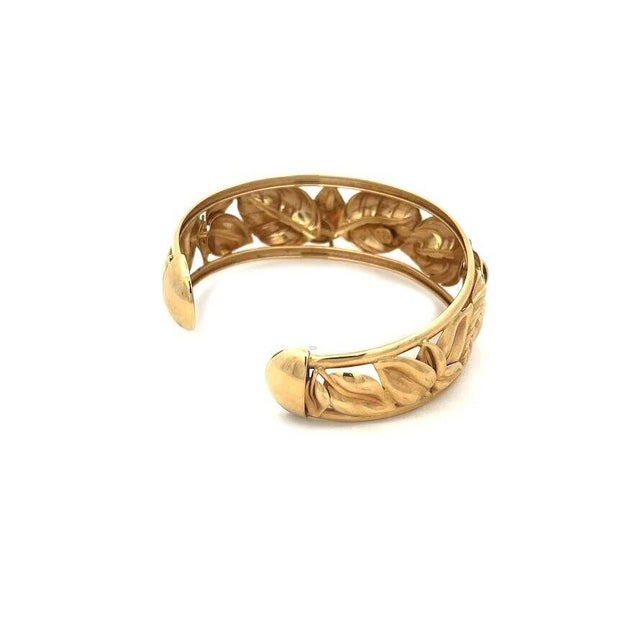 Metal 14k Yellow Gold Leaf Design Open Style Cuff Bracelet For Sale - Image 7 of 7
