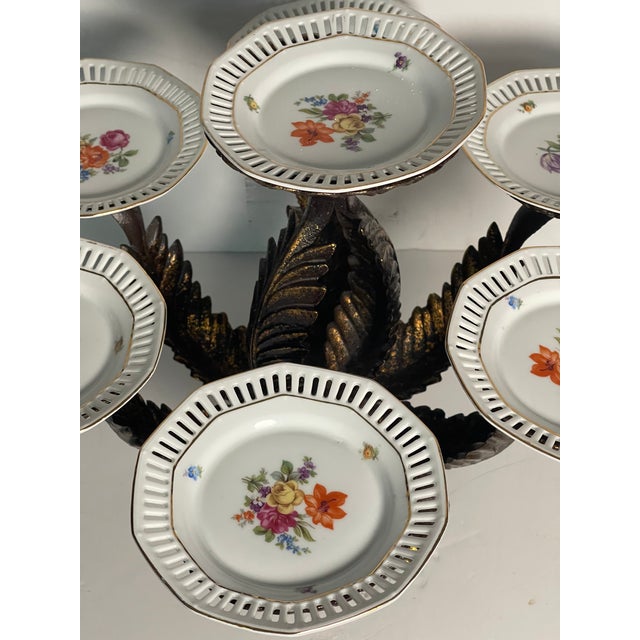 1950s Bronze Centrepiece Artichoke Leaves With Shuman Reticulated Porcelain Plates - 8 pcs For Sale In Miami - Image 6 of 7