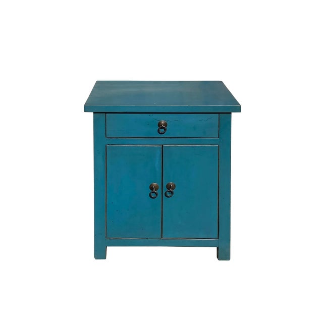 This is an oriental style end table nightstand painted with a distressed bolection blue lacquer surface color. Simple...