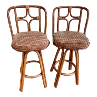 Vintage 2 Strand Rattan Swivel Barstools - a Pair For Sale