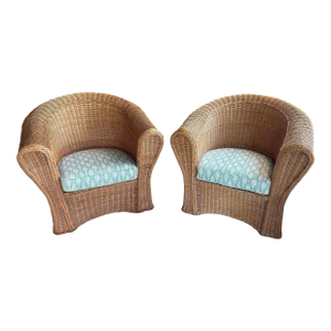 Vintage Braided Wicker Works Pair Arm Chairs Lounge Club Newly Upholstered