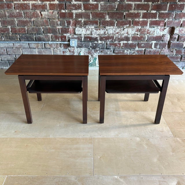 This pair of Dunbar side tables are fully refinished and ready for their new home. Made from a mahogany top with walnut...