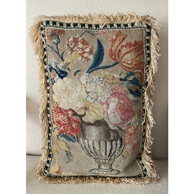 Antique 18th century French Aubusson floral urn tapestry finished as a pillow with passementerie trim and linen back....