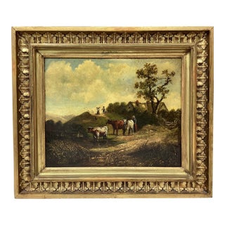 European School, 19th C Oil on Board Depicting Cows at Watering Hole For Sale