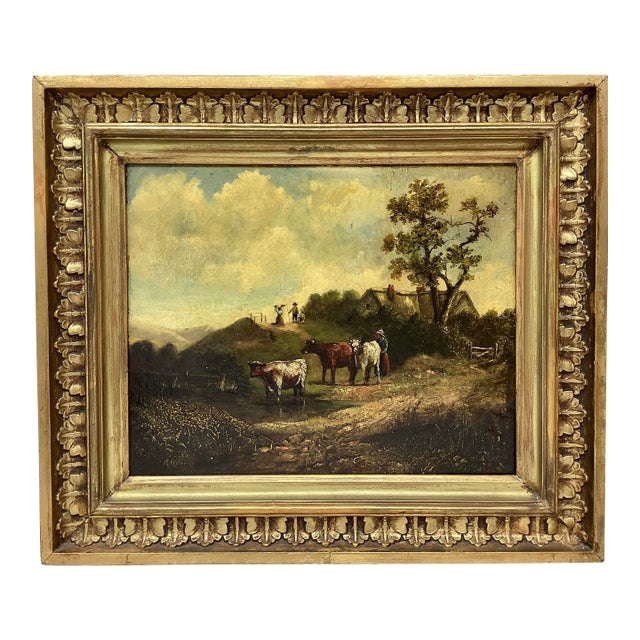 European School, 19th C Oil on Board Depicting Cows at Watering Hole For Sale