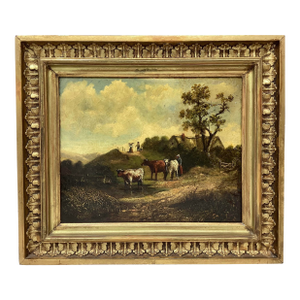 European School, 19th C Oil on Board Depicting Cows at Watering Hole