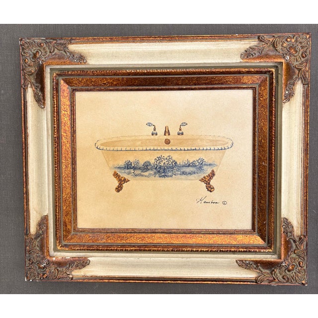 Wood Pair of Vintage Consuelo Gamboa Bath Display Framed Canvas Prints in Ornate Antiqued Gold Frames| French Country Bathroom Wall Art For Sale - Image 7 of 12