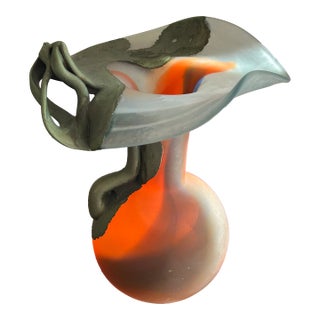 F. Silviy Signed Italian Art Glass Vase – Sculptural Pâte De Verre & Patinated Metal – Attributed to Murano, Venice Italy – 20th Century For Sale