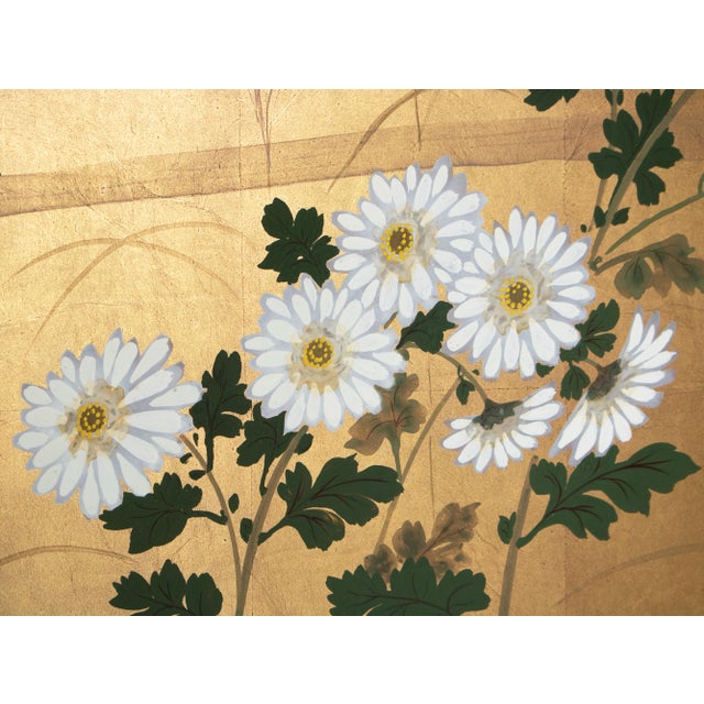 Goldenrod "Chrysanthemums and Quail" by Setsuga, 1980s Japanese Byobu Screen For Sale - Image 8 of 18
