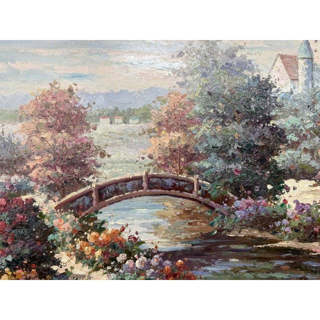 Textile Late 20th Century Original Oil on Canvas of Countryside Bridge and Garden For Sale - Image 7 of 10