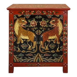 Tibetan Oriental Red Black Jaguars End Table Nightstand For Sale