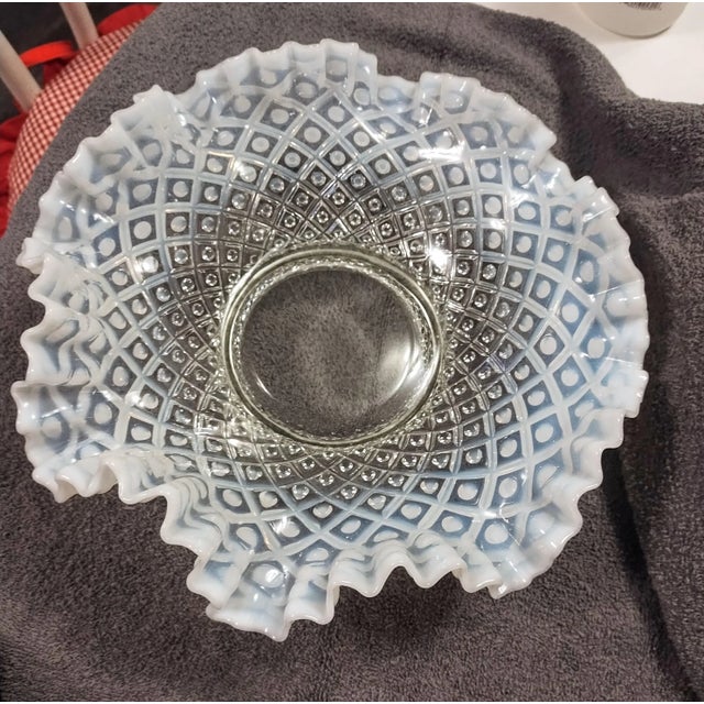 White Large Fenton Opalescent Hobnail Ruffled Edged Bow Early 20th Century L For Sale - Image 8 of 12