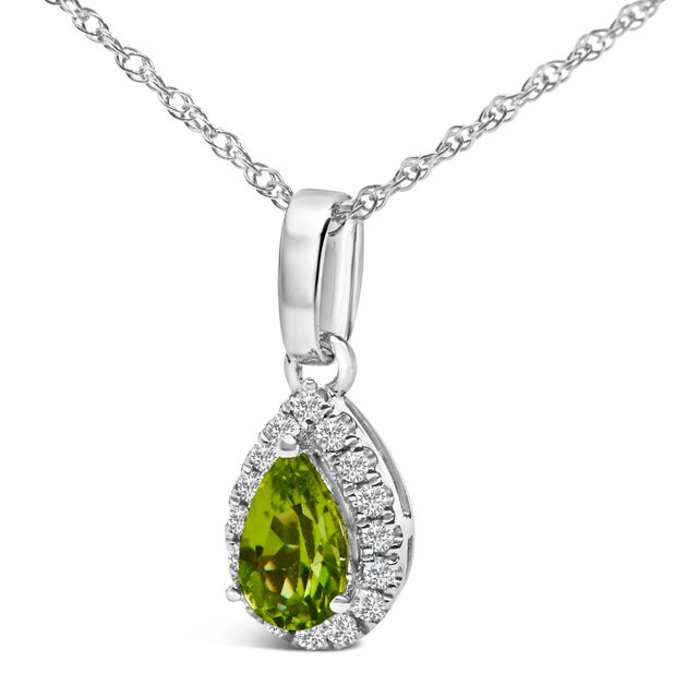 Contemporary 10K White Gold 5x3mm Green Peridot and Diamond Accent Halo Pear Shape 18" Pendant Necklace (I-J Color, I1-I2 Clarity) For Sale - Image 3 of 5