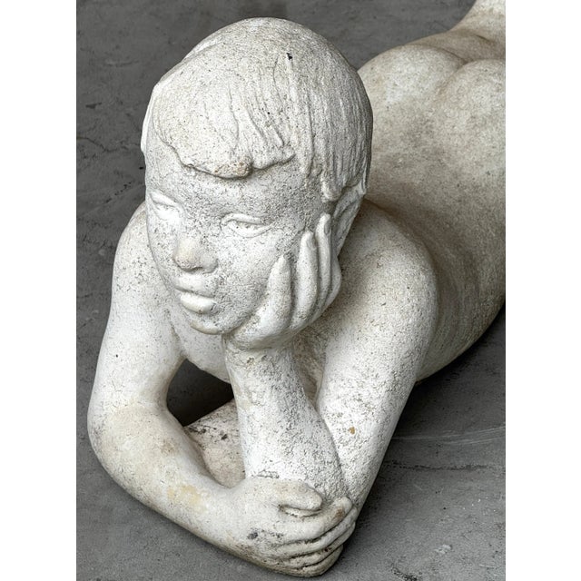 Stone American Art Deco Style Cast Stone Garden Sculpture of a Daydreaming Youth For Sale - Image 7 of 8