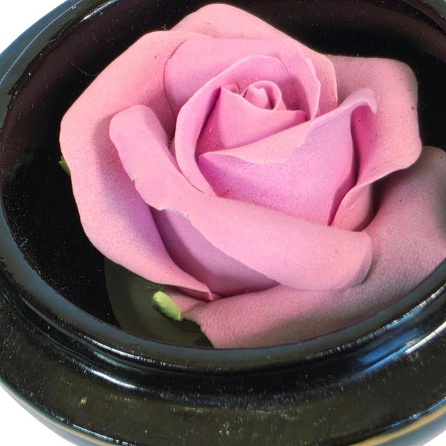Vintage Japanese Lacquerware Round Trinket Box With Porcelain Rose Accent For Sale - Image 15 of 17