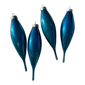 1950s Blue Mercury Glass Teardrop Christmas Ornaments- Set of 4
