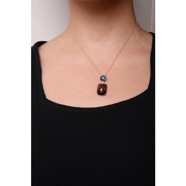18K Rose and White Gold Diamond Accent and London Blue Topaz and Cushion Cut Smoky Quartz Gemstone Dangle Drop 18" Pendant Necklace For Sale - Image 4 of 5