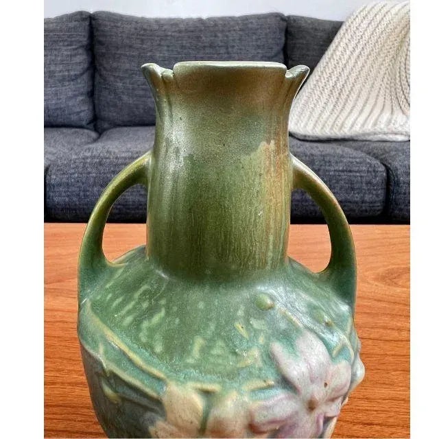 1939 Roseville "Cosmos" Art Deco, Pastel Green Art Pottery Vase #946-6 For Sale - Image 10 of 11