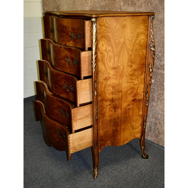 Antique Carved & Inlaid Satinwood Five Drawer French Style Tall Chest