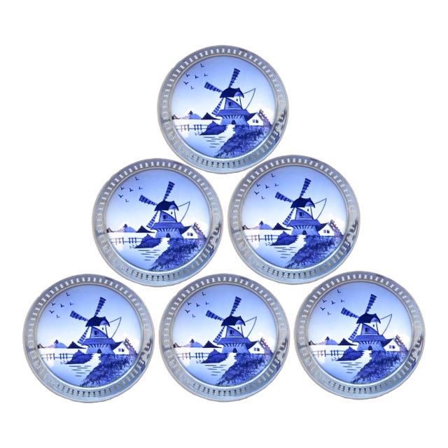 Vintage Dutch Blue & White Delft Style Porcelain Coasters, Set of 6 For Sale